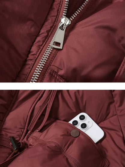 Damjacka med stor pälskrage, vintermode, varm och elegant ytterjacka