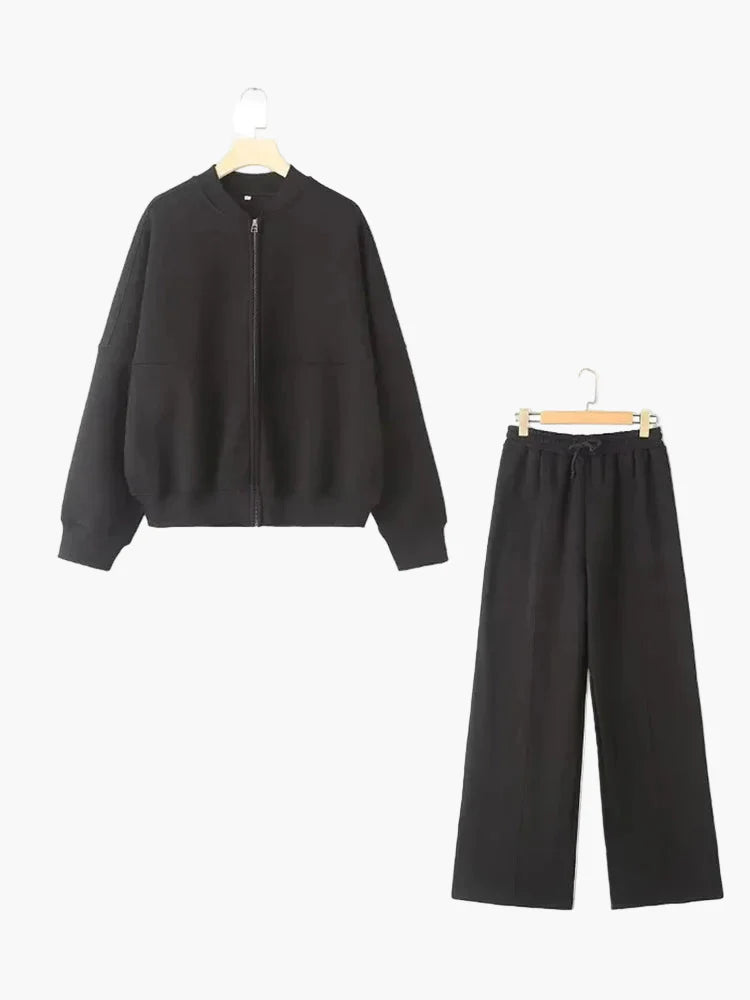 Damers Loungewear Set med Vid Passform – Avslappnad Träningsdräkt med Dragkedja och Vida Byxor