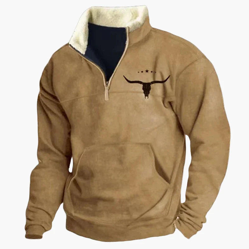 Herrar Western Fleece Pullover – Etno Mönstrad Tröja med Kvartdragkedja och Buffelmotiv