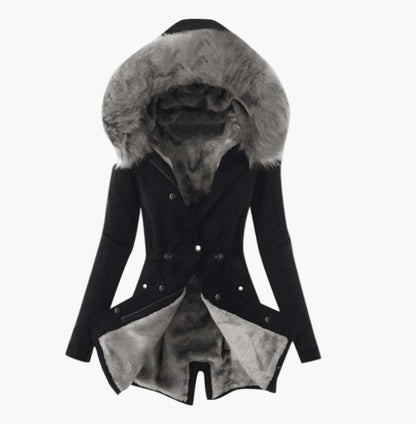 Dam Vinterjacka med Fuskpäls Fodrad Kapuschong – Elegant Varm Parkas för Kallt Väder