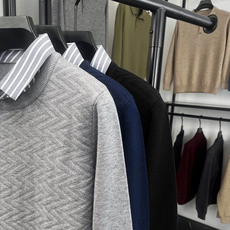 Herr Stickad Tröja med Falsk Skjortkrage – Elegant Vardagsstil och Affärslook