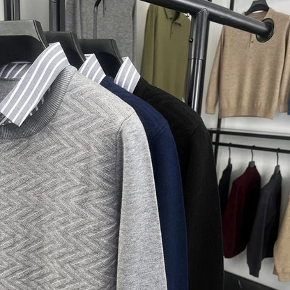 Herr Stickad Tröja med Falsk Skjortkrage – Elegant Vardagsstil och Affärslook