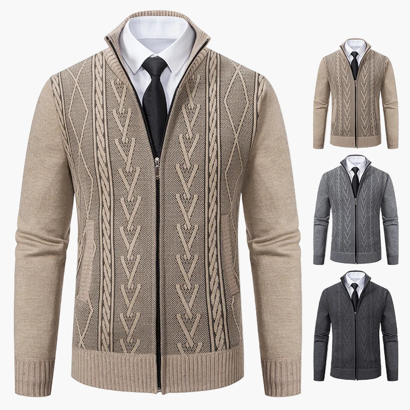 Herrstickad zip-tröja – elegant kabelmönstrad cardigan för vardag och kontor