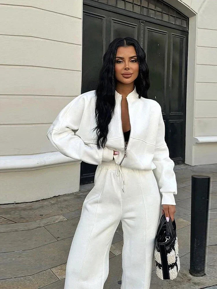 Damers Loungewear Set med Vid Passform – Avslappnad Träningsdräkt med Dragkedja och Vida Byxor