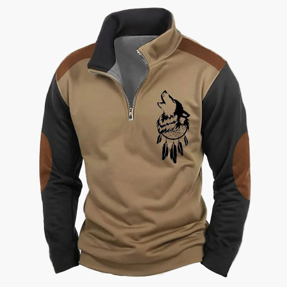 Herrtröja med halv dragkedja och älgmotiv – Sportig och avslappnad stil för utomhusbruk