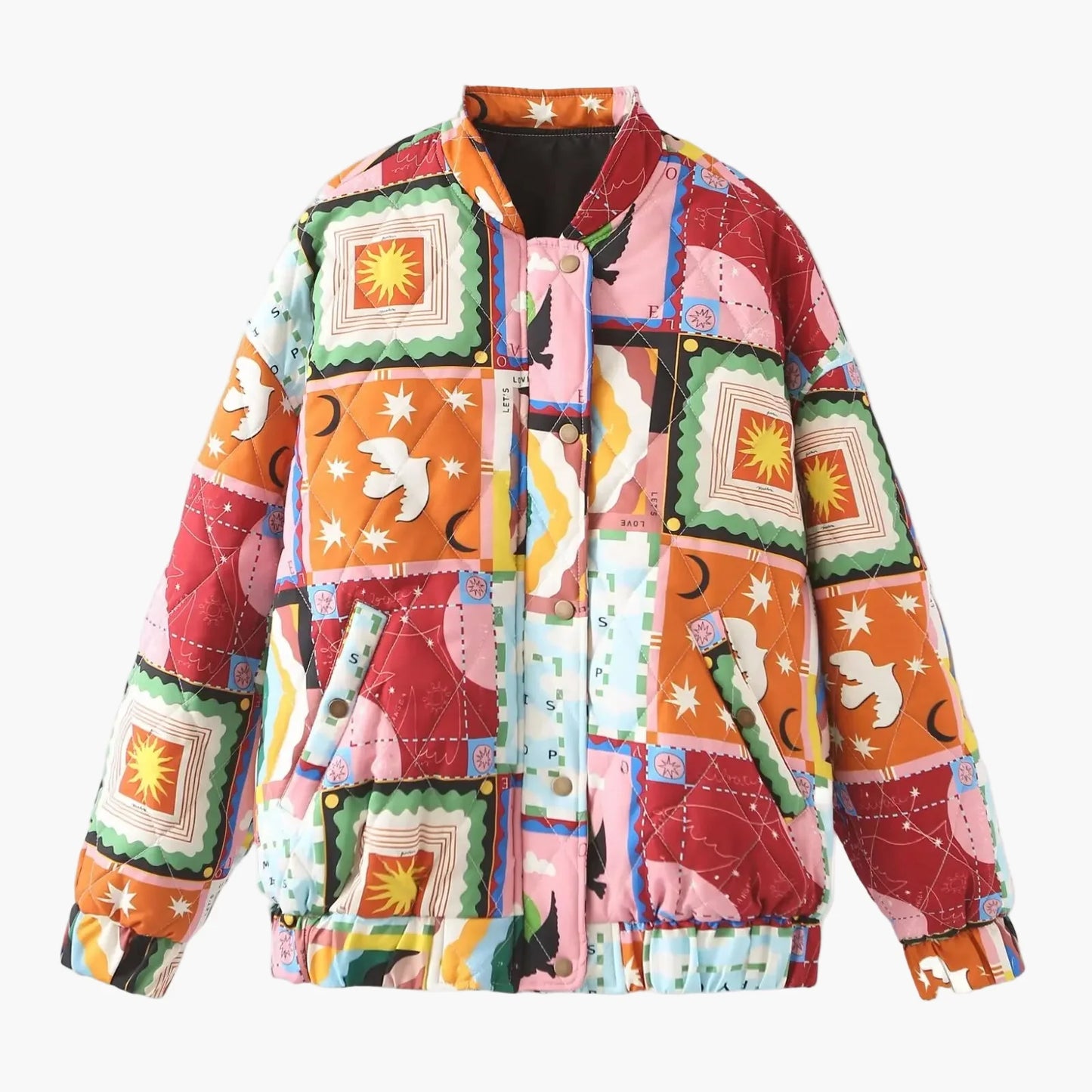 Unisex quiltad patchwork-bomberjacka – Bohemisk streetwear med grafiskt tryck