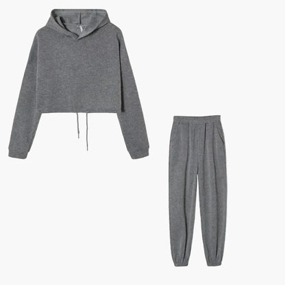 Dam Lounge-set med Kort Hoodie och Joggingbyxor – Trendig Vardagsstil och Mys