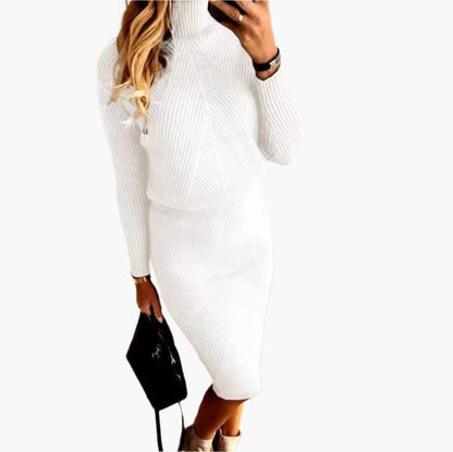 Dam Stickad Set – Elegant Ribbad Tröja och Kjol, Vardagslyx och Kontorsmode
