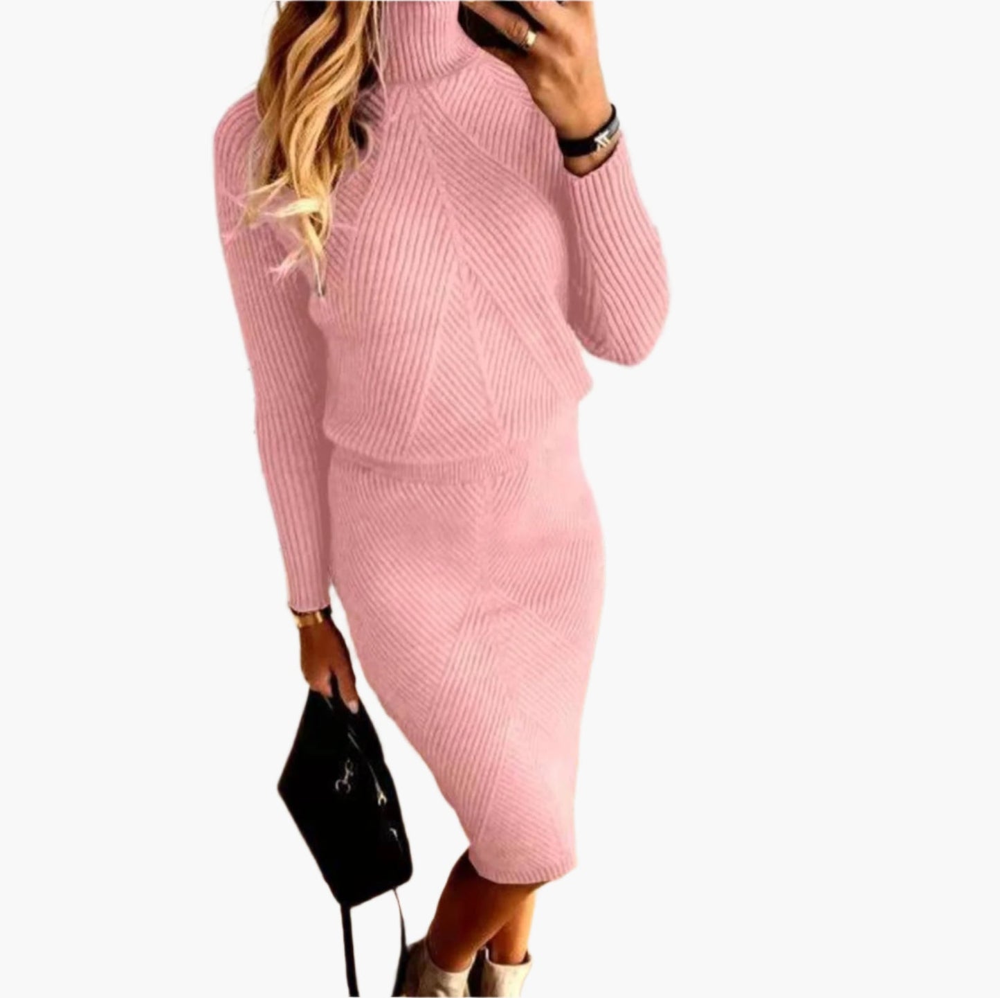 Dam Stickad Set – Elegant Ribbad Tröja och Kjol, Vardagslyx och Kontorsmode