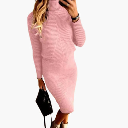 Dam Stickad Set – Elegant Ribbad Tröja och Kjol, Vardagslyx och Kontorsmode
