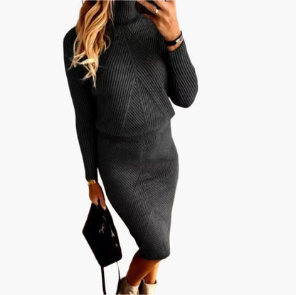 Dam Stickad Set – Elegant Ribbad Tröja och Kjol, Vardagslyx och Kontorsmode
