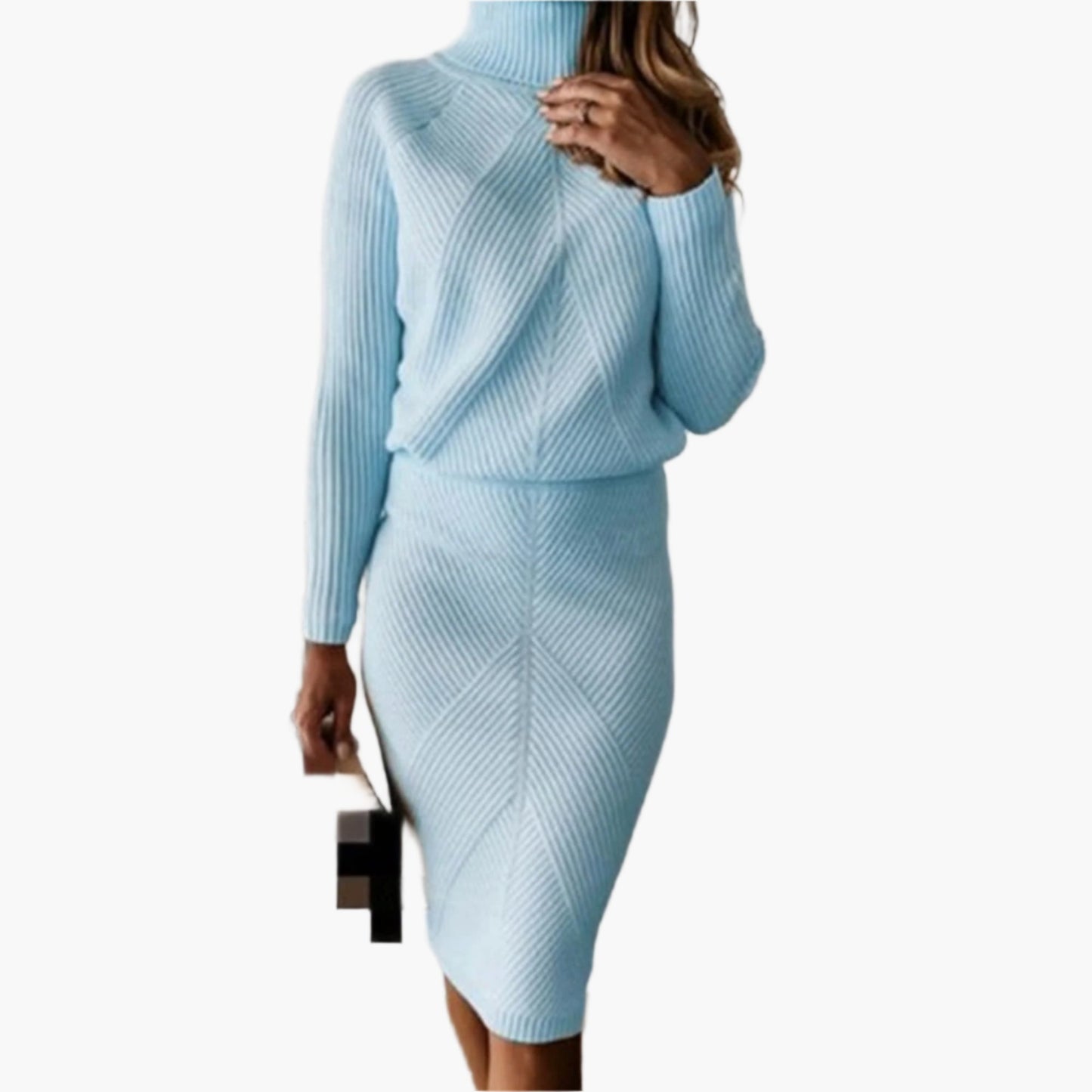 Dam Stickad Set – Elegant Ribbad Tröja och Kjol, Vardagslyx och Kontorsmode