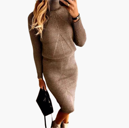 Dam Stickad Set – Elegant Ribbad Tröja och Kjol, Vardagslyx och Kontorsmode