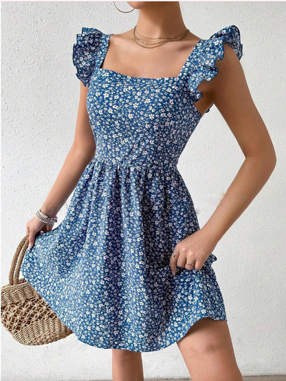 Leanne – Blommig Volang Sommarklänning Korta Ärm Off Shoulder Mini Klänning Strand