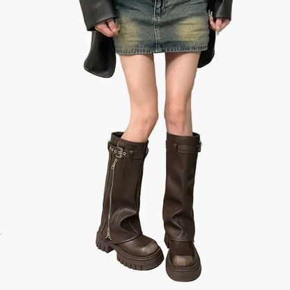 Damers knähöga chunky stövlar med dragkedja – trendiga modekängor för höst och vinter