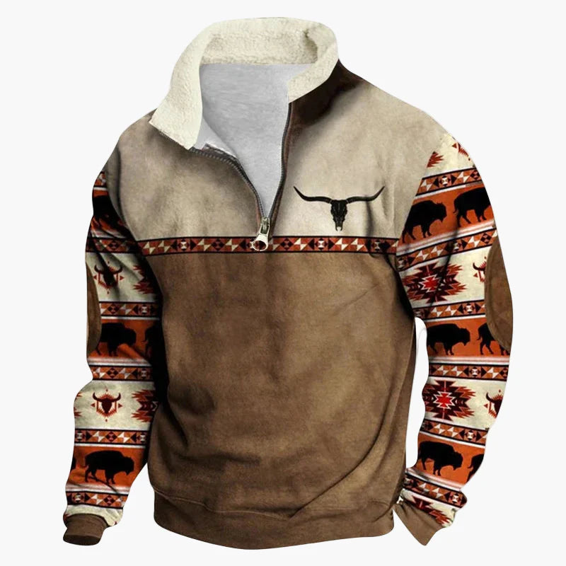 Herrar Western Fleece Pullover – Etno Mönstrad Tröja med Kvartdragkedja och Buffelmotiv