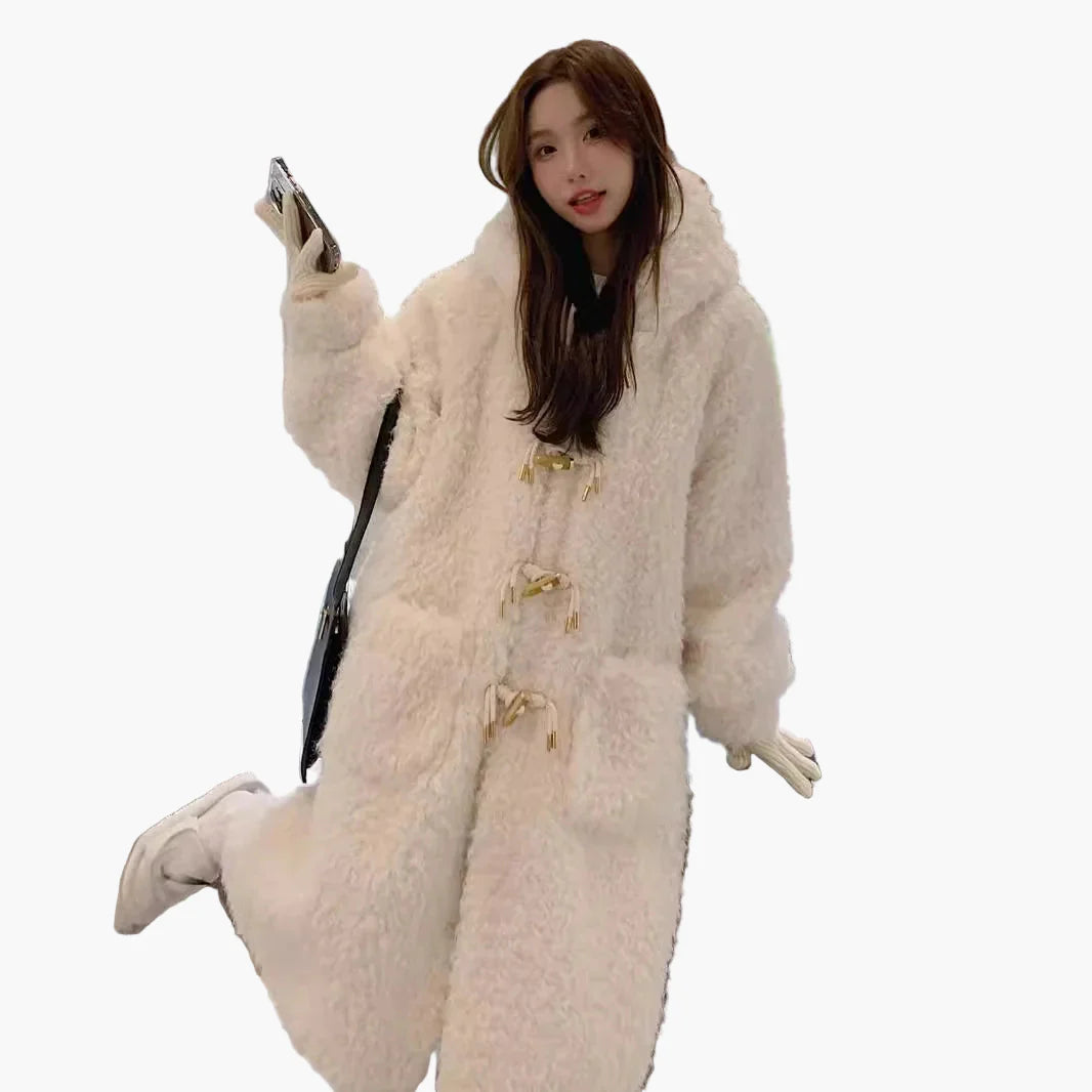 Dam Vinter Oversize Lång Fuskpäls Kappa med Toggle-Stängning och Fickor