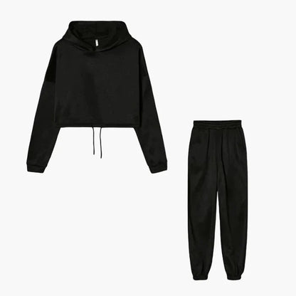 Dam Lounge-set med Kort Hoodie och Joggingbyxor – Trendig Vardagsstil och Mys