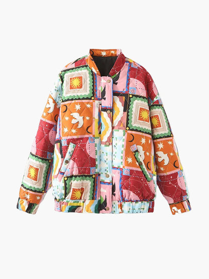 Unisex quiltad patchwork-bomberjacka – Bohemisk streetwear med grafiskt tryck