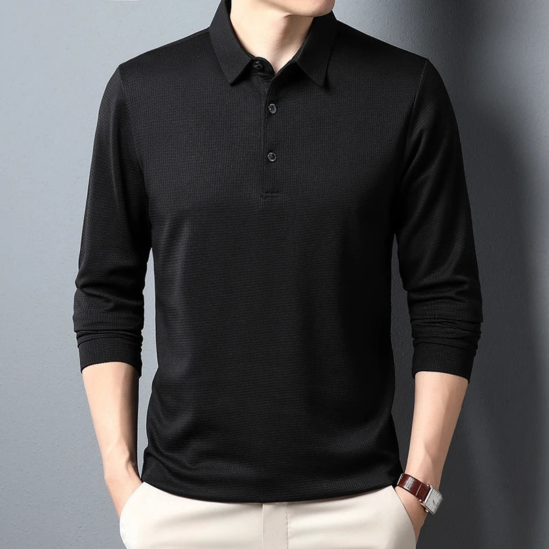 Lucas -Mäns Långärmad Business Casual Polo T-shirt