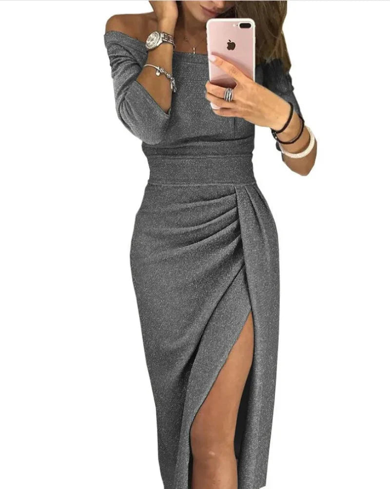 Damklänning Off Shoulder Elegant Festklänning med Hög Slits – Perfekt för Kväll & Party