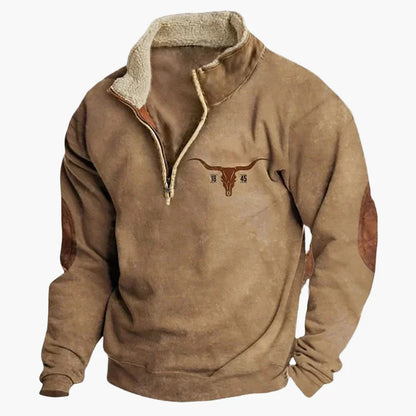Herrar Western Fleece Pullover – Etno Mönstrad Tröja med Kvartdragkedja och Buffelmotiv