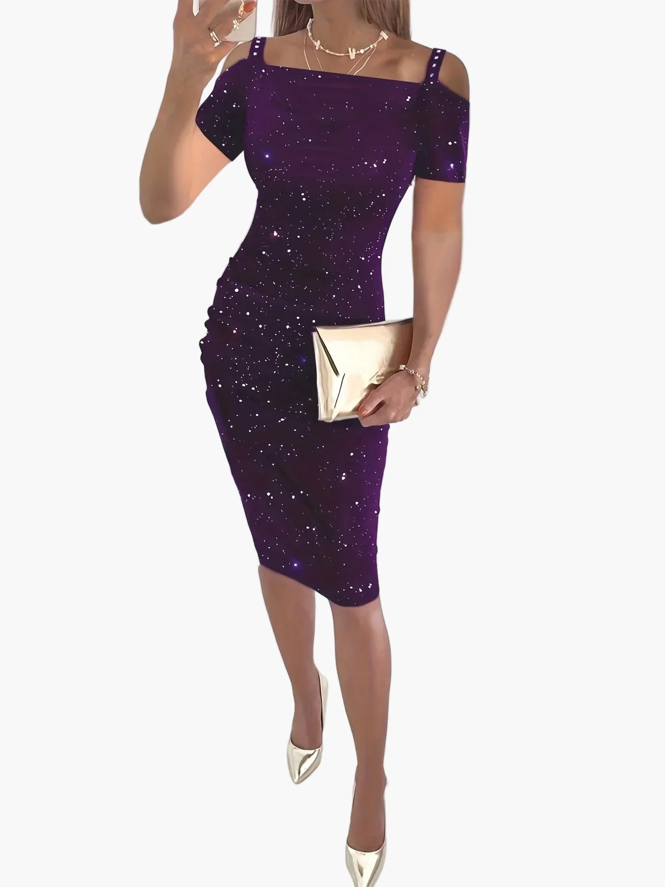 Dam Elegant Festklänning med Stjärnmönster och Kallaxel – Perfekt för Kvällsevenemang