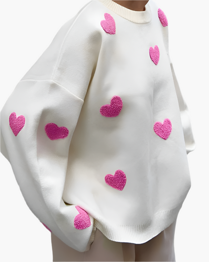 Damtröja Oversized Mysig Sweater med Hjärtan – Perfekt för Hemma och Avslappnade Dagar