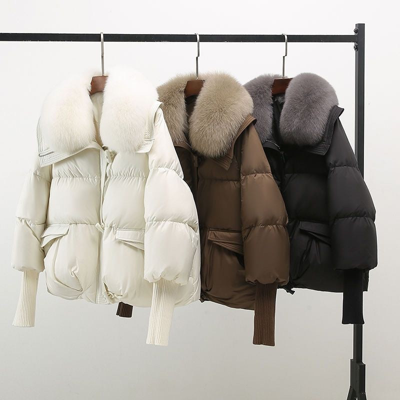 Dam Pufferjacka med Lyxig Pälskrage och Lång Ärmdesign – Perfekt för Vinter och Mode