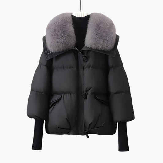 Dam Pufferjacka med Lyxig Pälskrage och Lång Ärmdesign – Perfekt för Vinter och Mode