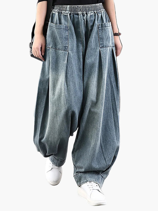 Dam Vida Baggy Jeans med Elastisk Midja