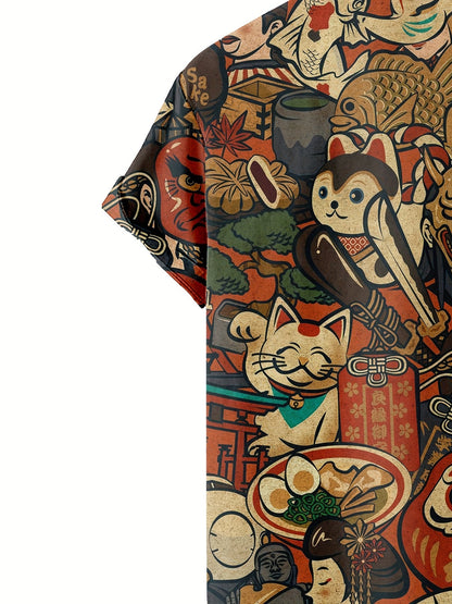 Herr Skjorta med Japanskt Konstmotiv – Kortärmad, Unik och Stilfull för Fritid och Sommar