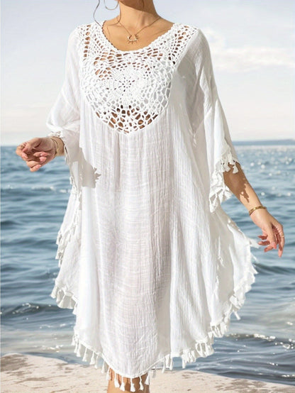 Dam Poncho-Kaftan Strandtunika Med Virkad Detalj och Toffsar – Bohemisk Semesterstil