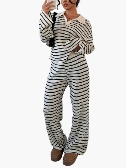 Dam Set Lounge Wear Randig Långärmad Tröja och Vida Byxor Bekvämt Höst/Vinter