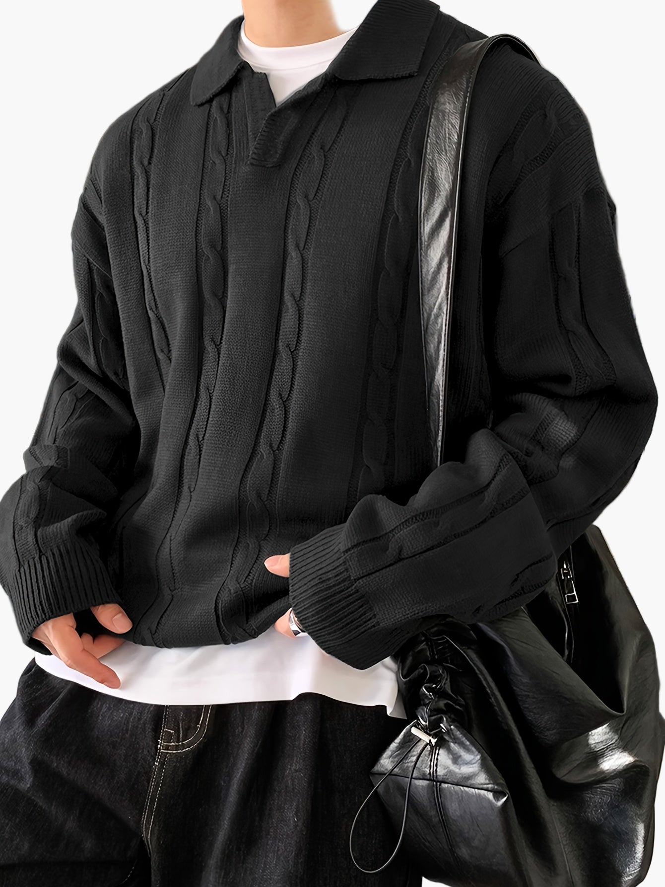 Herrtröja med kabelstickat mönster och polokrage – Avslappnad stil för vardagsbruk