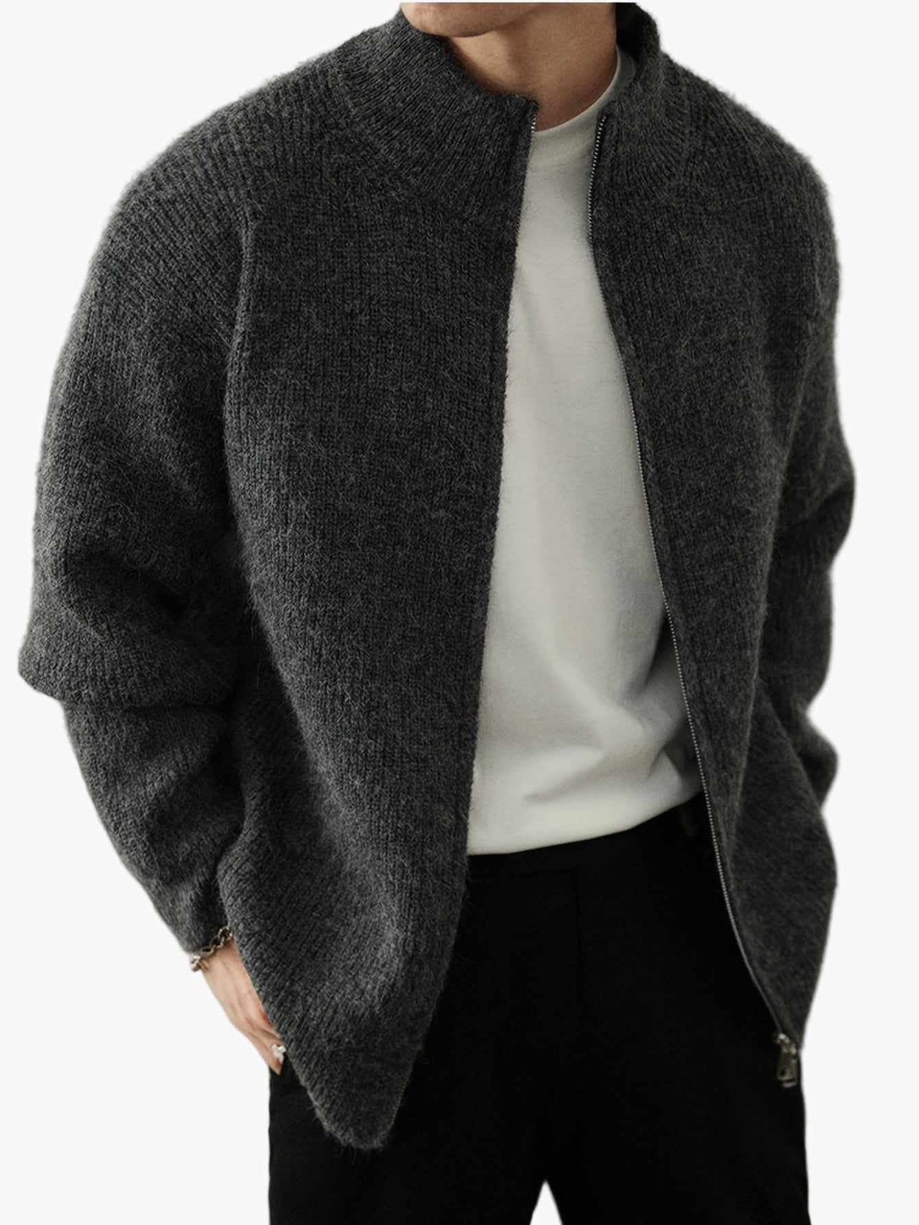 Herr – Stickad halvzip tröja med avslappnad passform, perfekt för vardag och lager-på-lager-stil