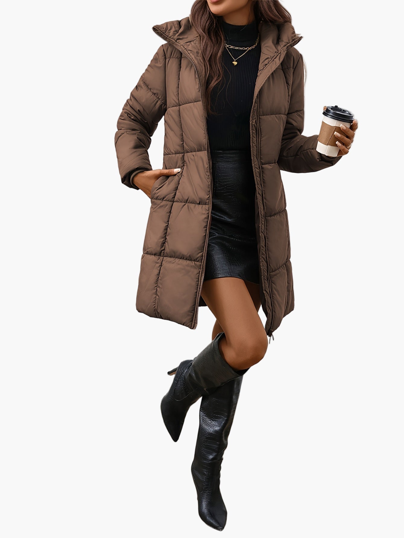 Dam Vadderad Vinterjacka Lång Med Huva – Trendig och Varm För Kallare Dagar