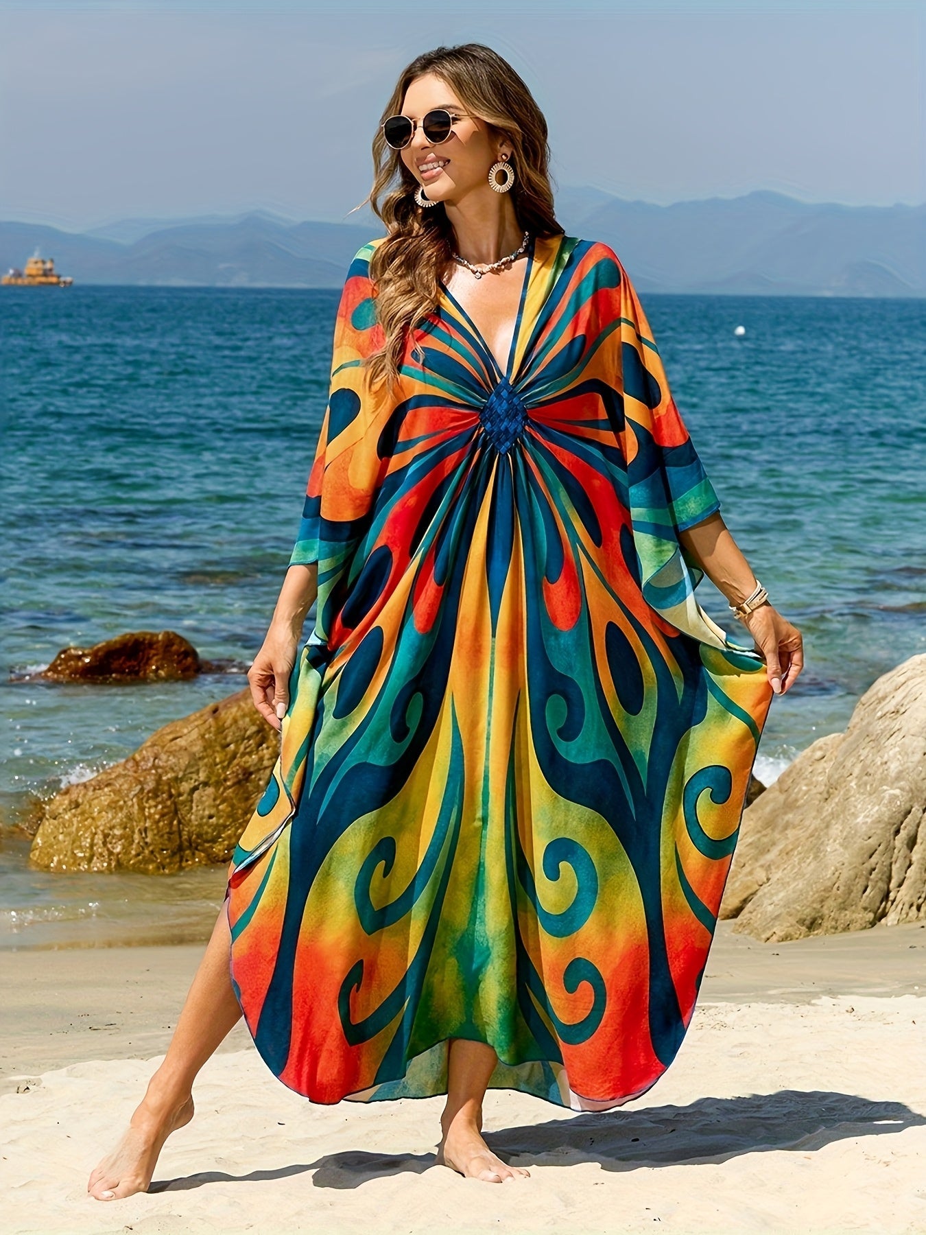 Dam Kaftan Strandklänning Boho Lång Maxiklänning Semester Omslag Strandmode