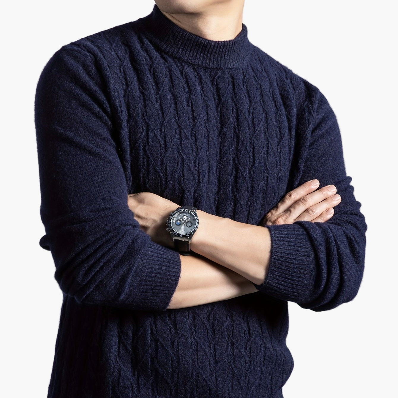 Herrtröja med kabelstickad design – Elegant vardagsstil, lång ärm, höst/vinter