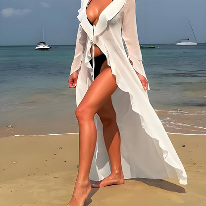 Dam Kimono Lång Elegant Öppen Ryschig Strandtunika Semesteroutfit