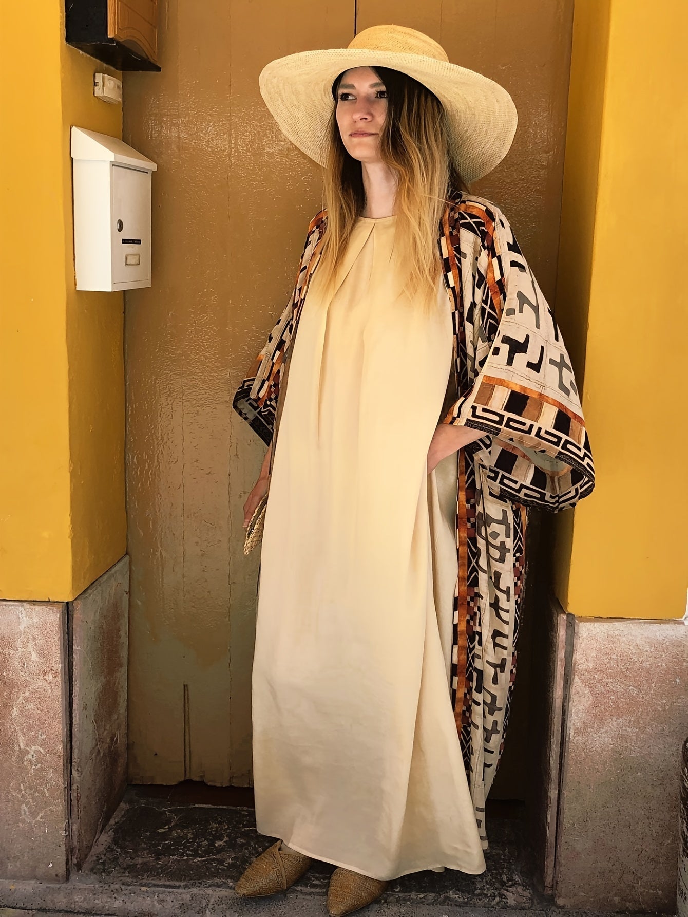 Dam Kimono Lång Bohemisk Strand Kaftan med Geometriskt Mönster – Elegant Sommarplagg