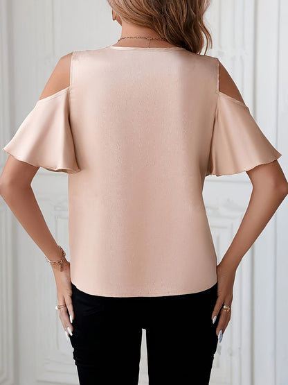 Dam Blus med Kall Axel och Blommig Spetsdetalj – Elegant Topp för Fest och Vardag