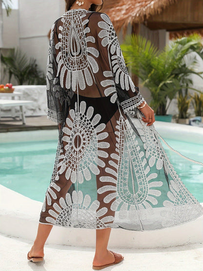 Dam Kimono Strandtunika Boho Broderad Öppen Lång Kaftan för Semester och Pool