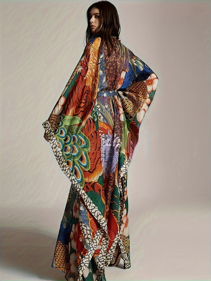 Damernas lyxiga kaftan kimono maxi – dramatisk orientaliskt mönster, perfekt för semester och kvällsbruk
