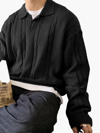 Herrtröja med kabelstickat mönster och polokrage – Avslappnad stil för vardagsbruk