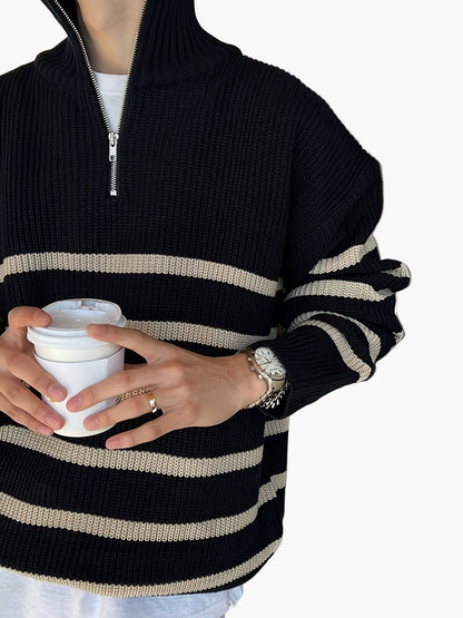 Herrtröja med dragkedja och randigt mönster – Avslappnad höst- och vinterstil