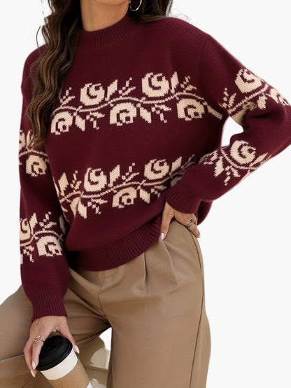 Damtröja Elegant Blommig Jacquard Stickad Pullover för Höst/Vinter