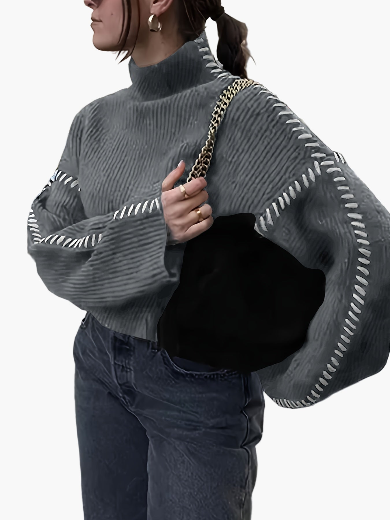 Damstickad tröja med hög krage och dekorativa sömmar – trendig vardagsstil höst/vinter