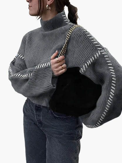 Damstickad tröja med hög krage och dekorativa sömmar – trendig vardagsstil höst/vinter