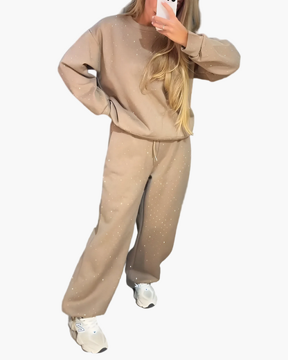 Dam Set Loungewear Avslappnad Stil med Glittrande Prickar – Perfekt för Hemma och Vardag